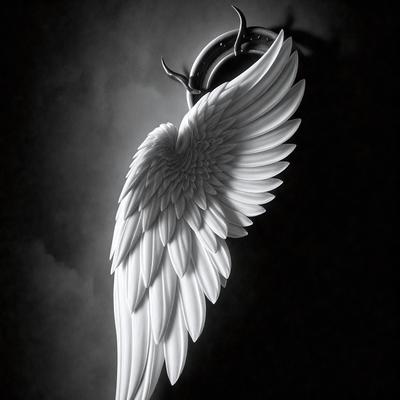 The primary subject of the image is a white angel wing. The setting is a dark background, which creates a dramatic contrast with the white wing. The visual style is a digital art or illustration, as the wing appears to be a detailed and intricate design. The colors and mood of the image are predominantly dark, with the white wing standing out as the focal point.